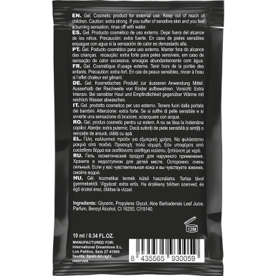 Embalagem preta de gel cosmético com texto informativo em várias línguas