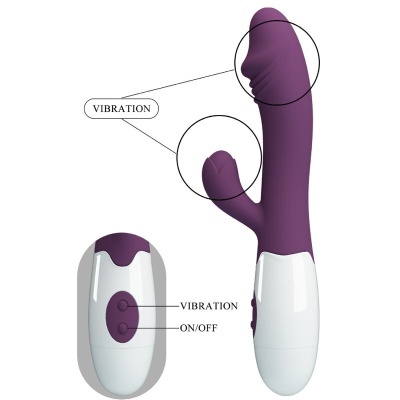 Vibrador roxo com controlo remoto branco e indicações VIBRATION e ON/OFF