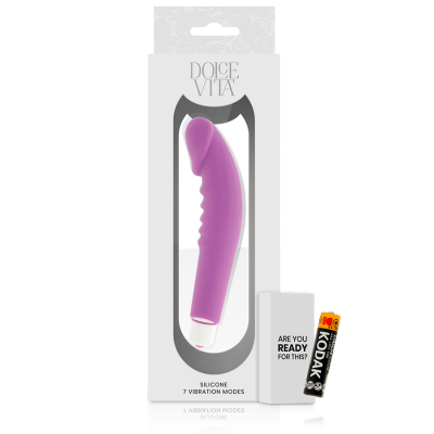 Vibrador roxo em silicone na embalagem com pilha Kodak ao lado