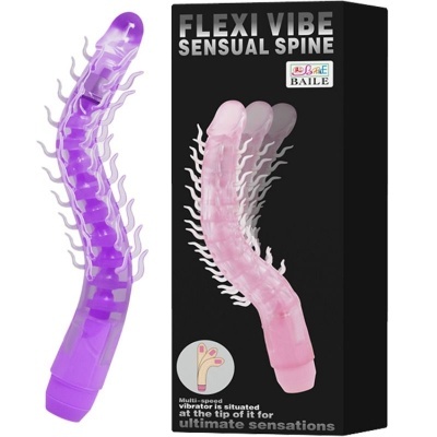 Vibrador Flexi Vibe Sensual Spine roxo com textura espinhosa e caixa preta com imagem do produto rosa