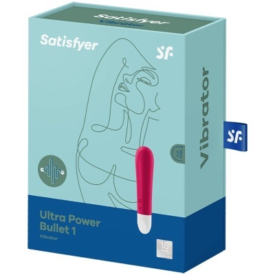 Embalagem do vibrador Satisfyer Ultra Power Bullet 1 em azul e verde-água com vibrador vermelho e branco ilustrado