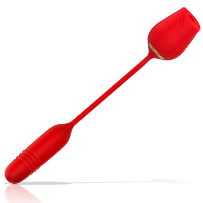 Dispositivo vermelho com duas extremidades distintas conectado por cabo fino em fundo branco