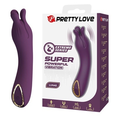 Vibrador roxo com embalagem branca e roxa da marca Pretty Love