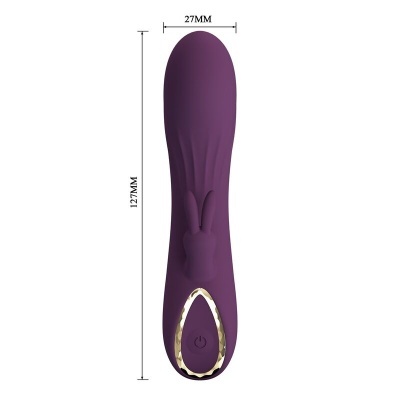 Vibrador roxo com botão power e figura de coelho em relevo.