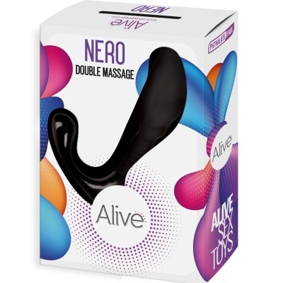 Vibrador preto liso com design curvado em embalagem branca colorida com texto NERO DOUBLE MASSAGE Alive
