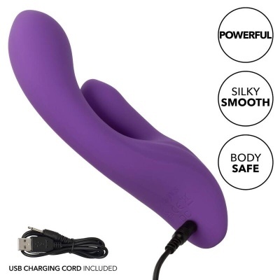 Vibrador roxo curvado com cabo USB para carregamento e texto explicativo