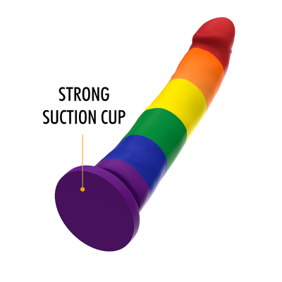 Dildo colorido com ventosa roxa e texto 'STRONG SUCTION CUP'