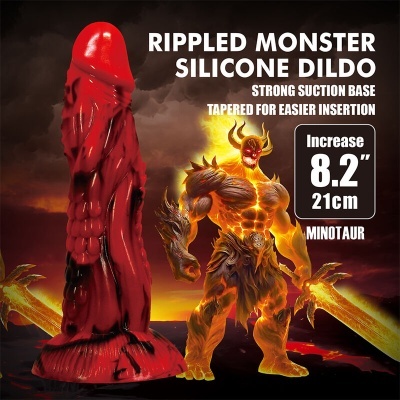 Dildo de silicone vermelho com textura ondulada e base de sucção ao lado de ilustração de monstro minotauro