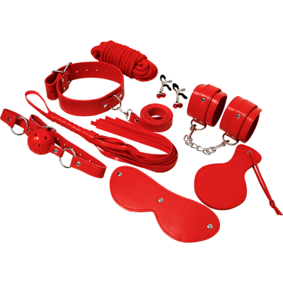 Conjunto de acessórios vermelhos para bondage em couro sintético sobre fundo branco