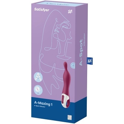 Embalagem do vibrador A-Mazing 1 da Satisfyer em tons roxo e azul
