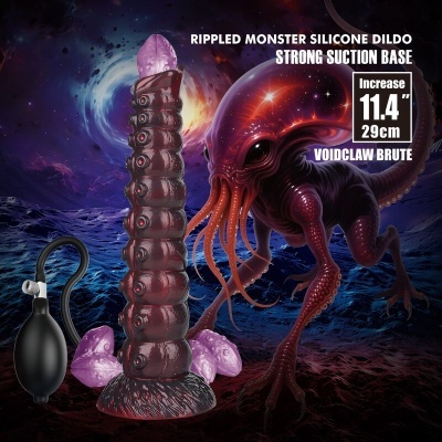 Dildo de silicone roxo e preto com textura ondulada e bomba de ar preta
