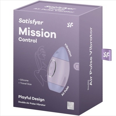 Caixa lilás com vibrador duplo de silicone Satisfyer Mission Control e texto informativo