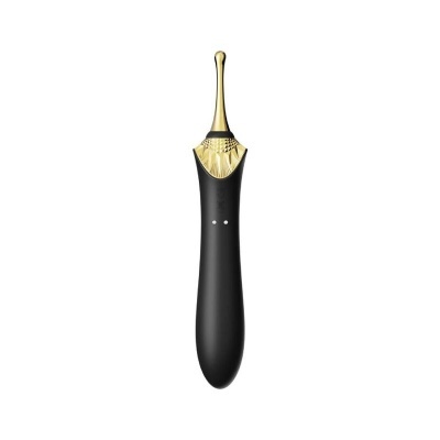 Dispositivo preto e dourado com ponta metálica curva e corpo preto liso