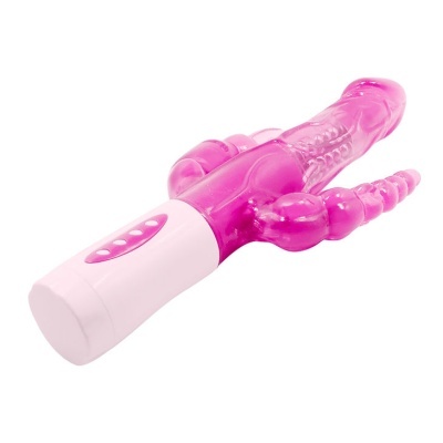 Vibrador cor-de-rosa translúcido com estimulador extra e botão de controlo.
