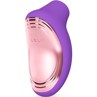 Produto ergonómico com metal dourado rosa e silicone roxo, gravado LELO