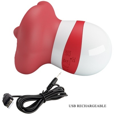 Luz portátil em forma de cogumelo vermelho e branco com cabo USB.