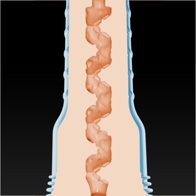 Corte transversal de um tubo azul claro com interior ondulado bege e castanho
