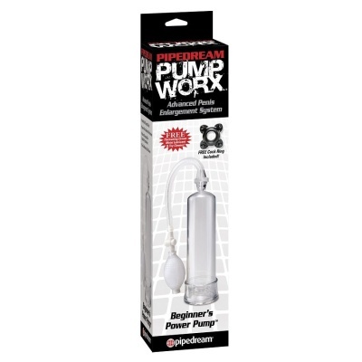 Caixa de bomba de aumento peniano Pipedream Pump Worx com bomba transparente e balão de ar branco