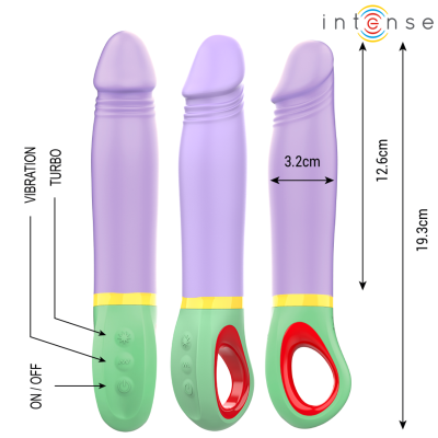 Vibrador lilás com base verde e pega vermelha e amarela, com botões, mostrado de três ângulos