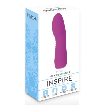 Embalagem branca e azul com vibrador rosa MYLA da INSPIRE ESSENTIAL