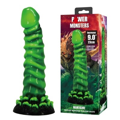 Dildo de silicone verde com base preta e embalagem colorida Power Monsters