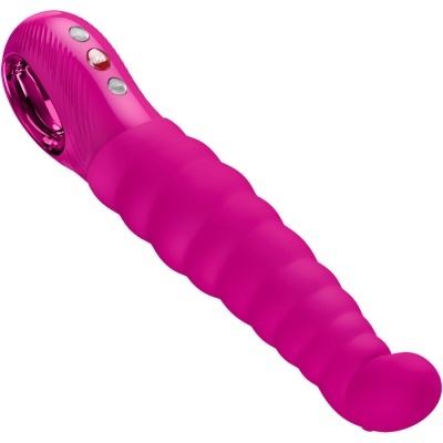 Vibrador rosa com textura ondulada e botões de controlo