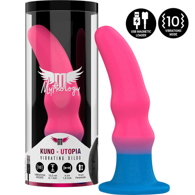 Vibrador rosa com base azul e embalagem transparente com texto e ícones