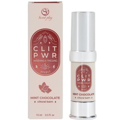 Bálsamo clitorial Clit Pwr menta chocolate em embalagem caixa e frasco