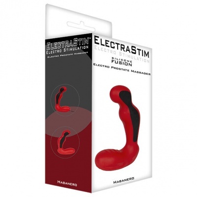 Imagem da embalagem do massajador prostático ELECTRASTIM Silicone Fusion vermelho com detalhes pretos