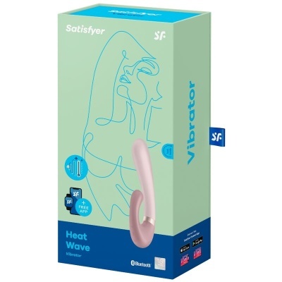 Embalagem verde e azul do vibrador Satisfyer Heat Wave com texto e ícones em várias cores