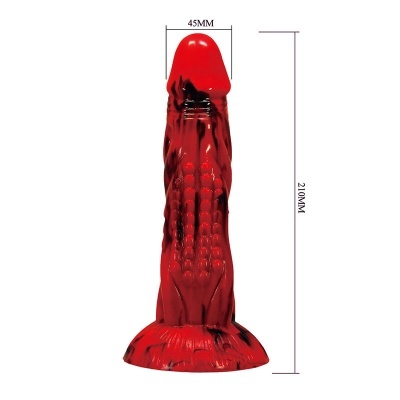 Dildo vermelho com manchas negras e relevo, 45MM de largura e 210MM de altura