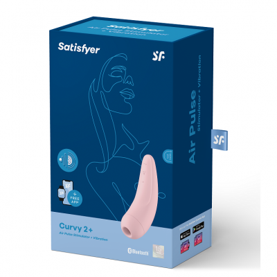 Embalagem azul do estimulador Satisfyer Curvy 2+ com imagem do produto cor-de-rosa