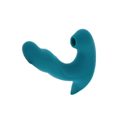Dispositivo azul de silicone com formato curvo e orifício em uma extremidade