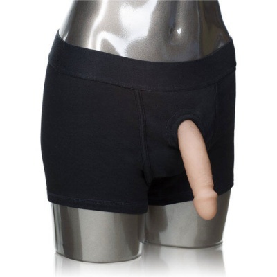 Cuecas pretas com apêndice de silicone efeito pele exibidas em manequim metálico