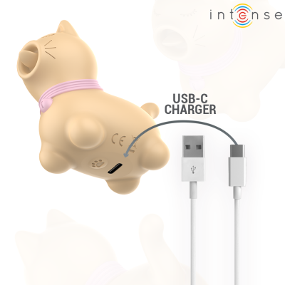 Carregador USB-C com design de gato bege e coleira rosa