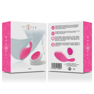 Embalagem de produto sexual rosa e branco da marca Intense com controlo remoto