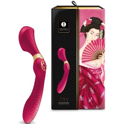 Vibrador rosa e sua caixa preta e rosa com decoração japonesa