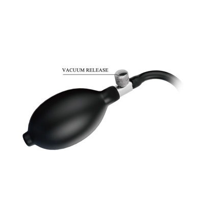 Balão de borracha preto com válvula de metal e texto VACUUM RELEASE