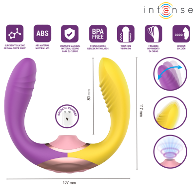 Dispositivo vibratório bicolor em silicone e ABS com funções de movimento, sucção e carregamento magnético.