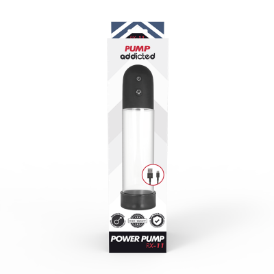 Embalagem produto 'Pump Addicted Power Pump RX-11' com aparelho transparente e tampa preta