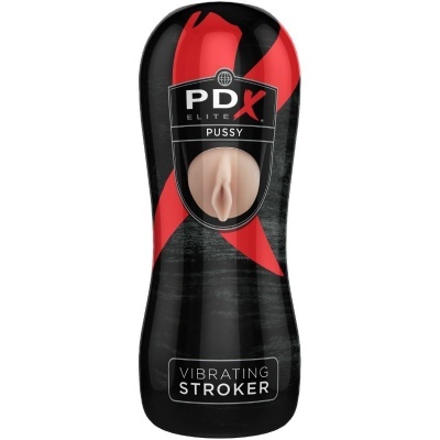 Produto PDX Elite Pussy Vibrating Stroker, embalagem preta e vermelha com forma anatómica visível