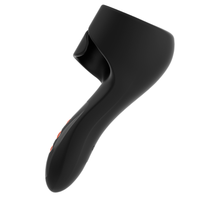 Dispositivo eletrônico preto com botão vermelho e formato ergonómico