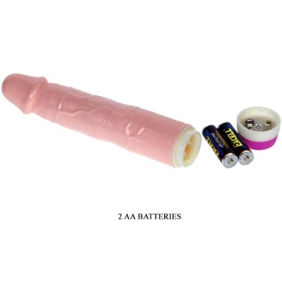 Vibrador rosa claro com textura, tampa destacada e duas pilhas AA