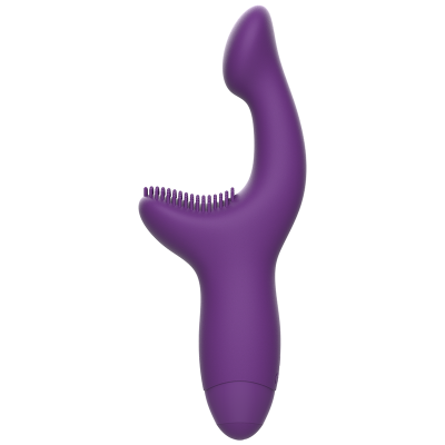 Vibrador de silicone roxo com cerdas e design curvo em fundo branco