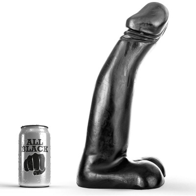 Dildo preto grande ao lado de uma lata cinzenta com texto ALL BLACK