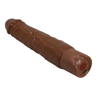 Vibrador castanho com textura realista e botão vermelho na base
