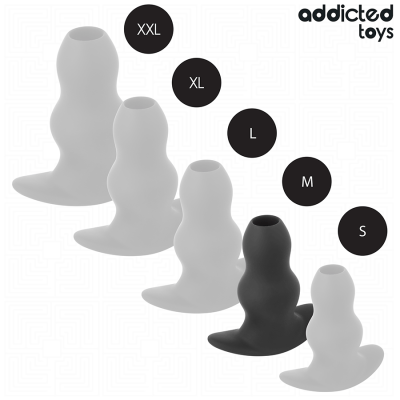 Cinco plugs anais de silicone branco e preto, dispostos por tamanho, com texto addicted toys.
