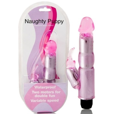 Vibrador rosa com parte saliente em forma de coelho e embalagem com texto