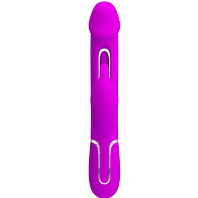 Vibrador rosa anatómico com detalhes prateados em fundo branco