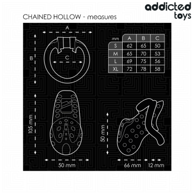 Diagrama técnico do produto CHAINED HOLLOW com medidas e tamanhos exibidos